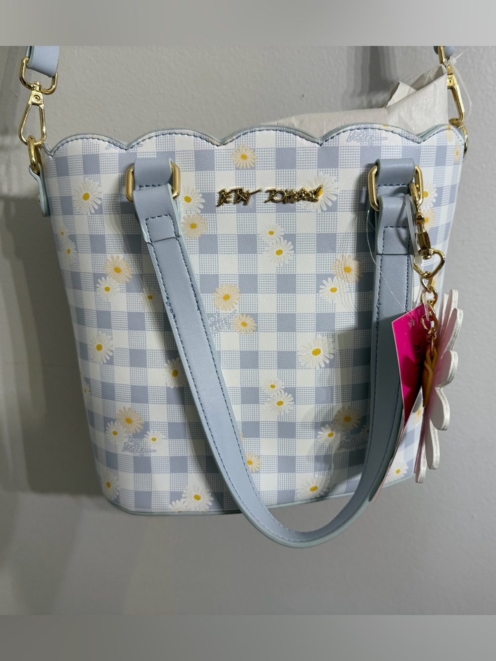 *NWT* Betsey Johnson Purse Blue Gingham and Daisy Pattern Shoulder Tote Bag - Picture 2 of 5